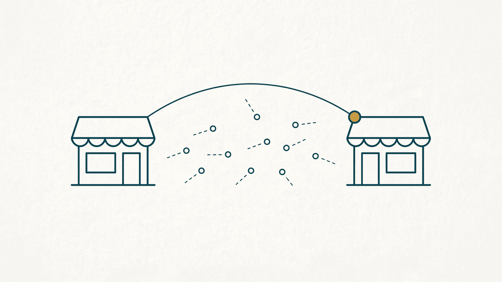 Monoline teal drawing of two buildings joined by one clean flight arc with a gold node at the join, tiny unconnected dashed stubs scattered beneath