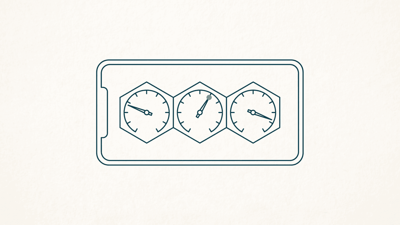 Monoline teal drawing of a landscape phone whose screen shows three hexagonal gauge dials with needles, the middle needle tipped with a gold node
