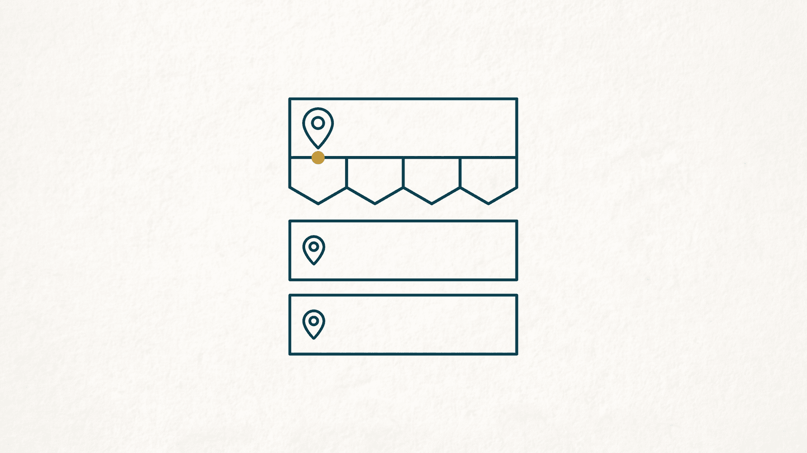 Monoline teal drawing of three stacked listing cards, the top one raised on a row of honeycomb cells with a larger map-pin lit gold