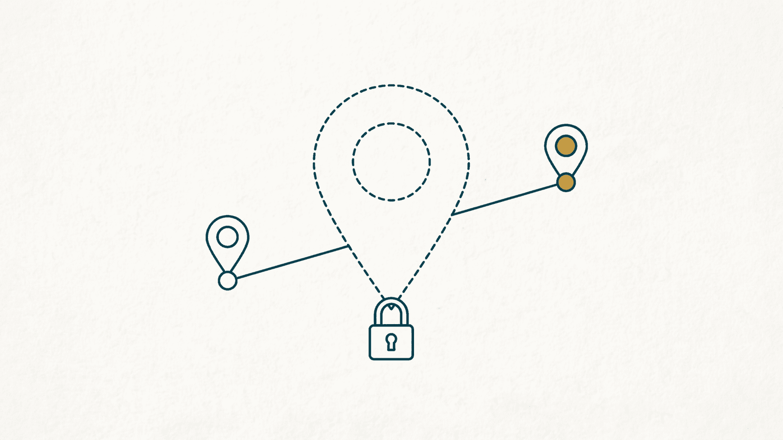 Monoline teal drawing of a large dashed-outline map-pin with a small padlock beneath it, flanked by two solid pins on a connector line, one lit gold