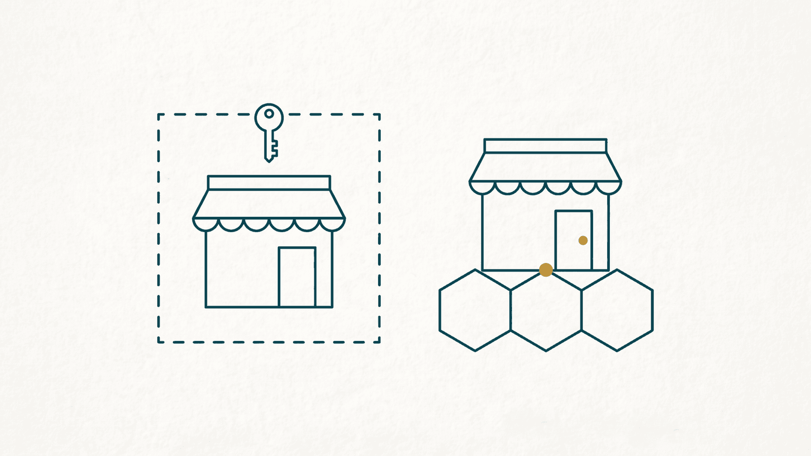 Monoline teal drawing of two shopfronts: one inside a dashed rented frame with a small key, the other planted on three honeycomb cells with a gold node at its door