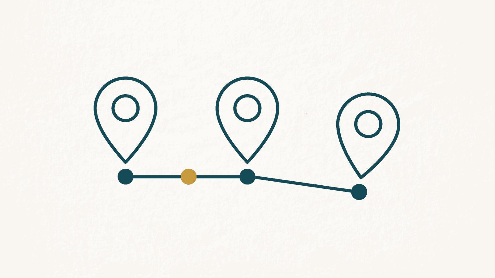 Monoline teal drawing of three map-pins in a row joined by a connector line, the third pin slightly tilted and lower than the other two, one gold node on the line