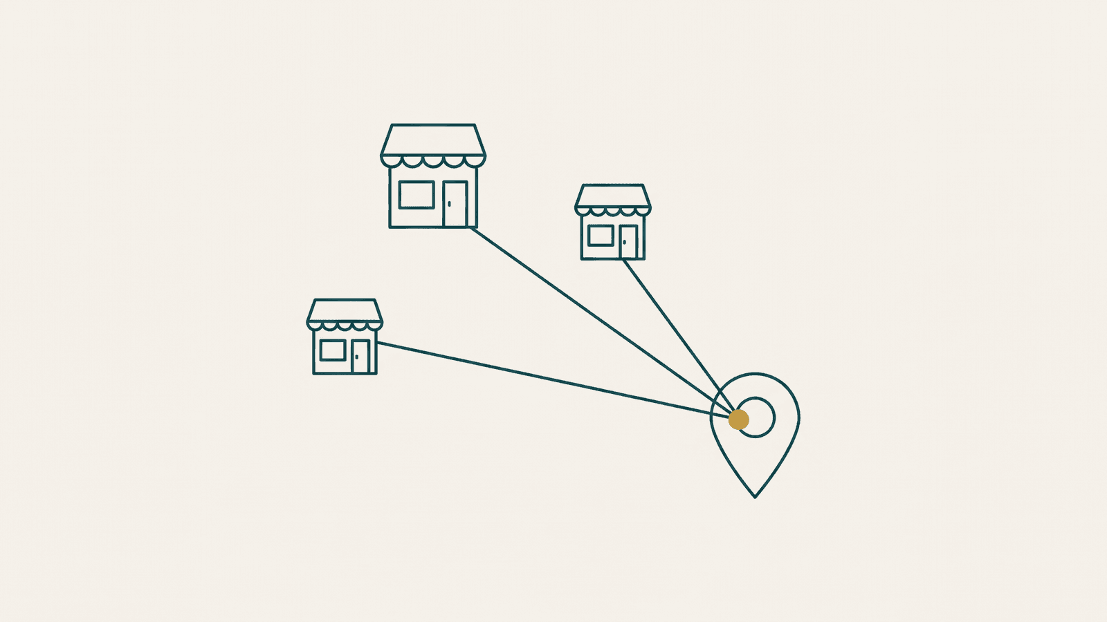 Monoline teal drawing of three scattered shopfront outlines whose connector lines converge on one map-pin with a gold node