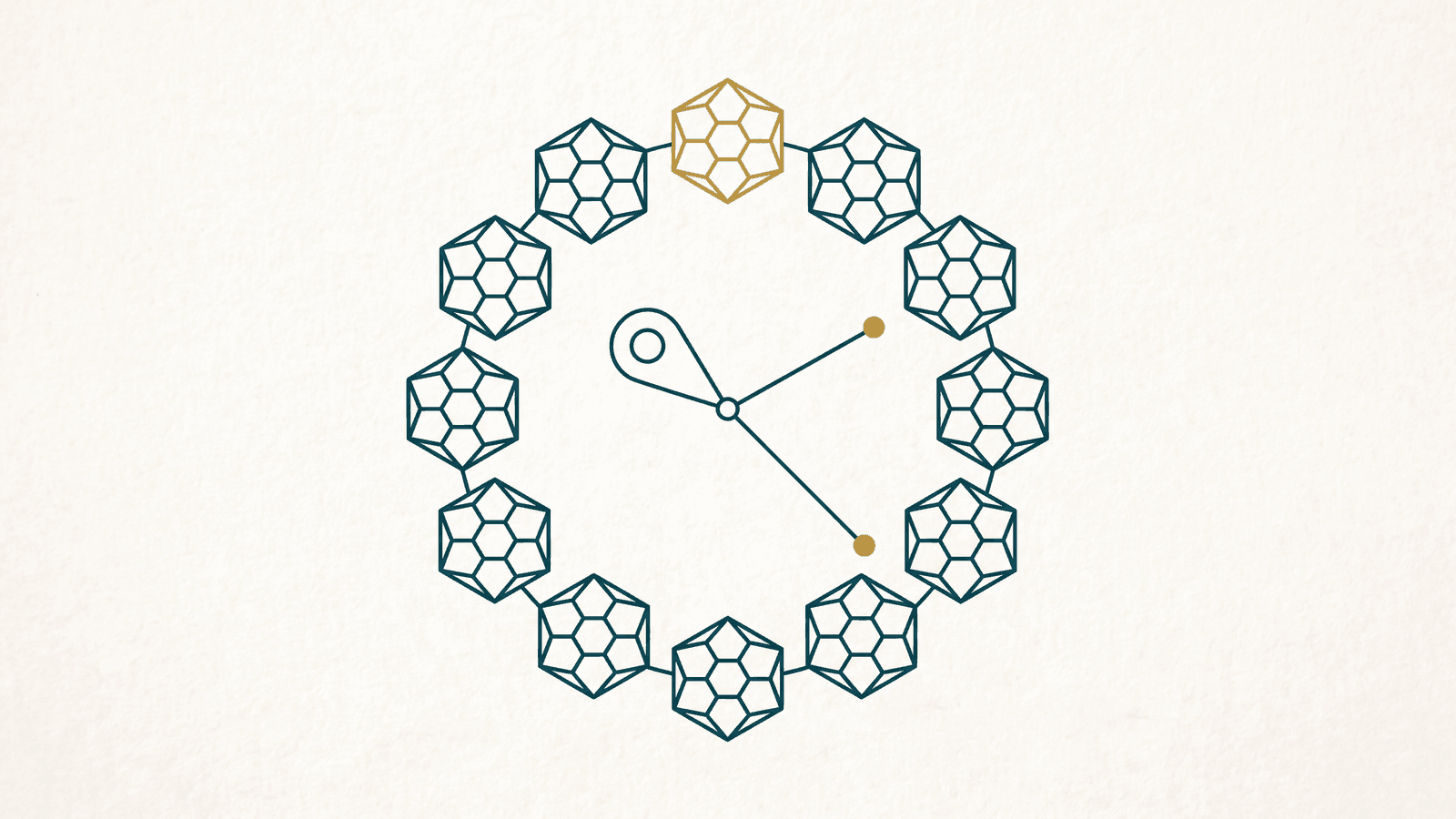 Monoline teal drawing of a clock face made of twelve honeycomb cells in a ring, a map-pin lying across it as the hour hand, one cell traced in gold