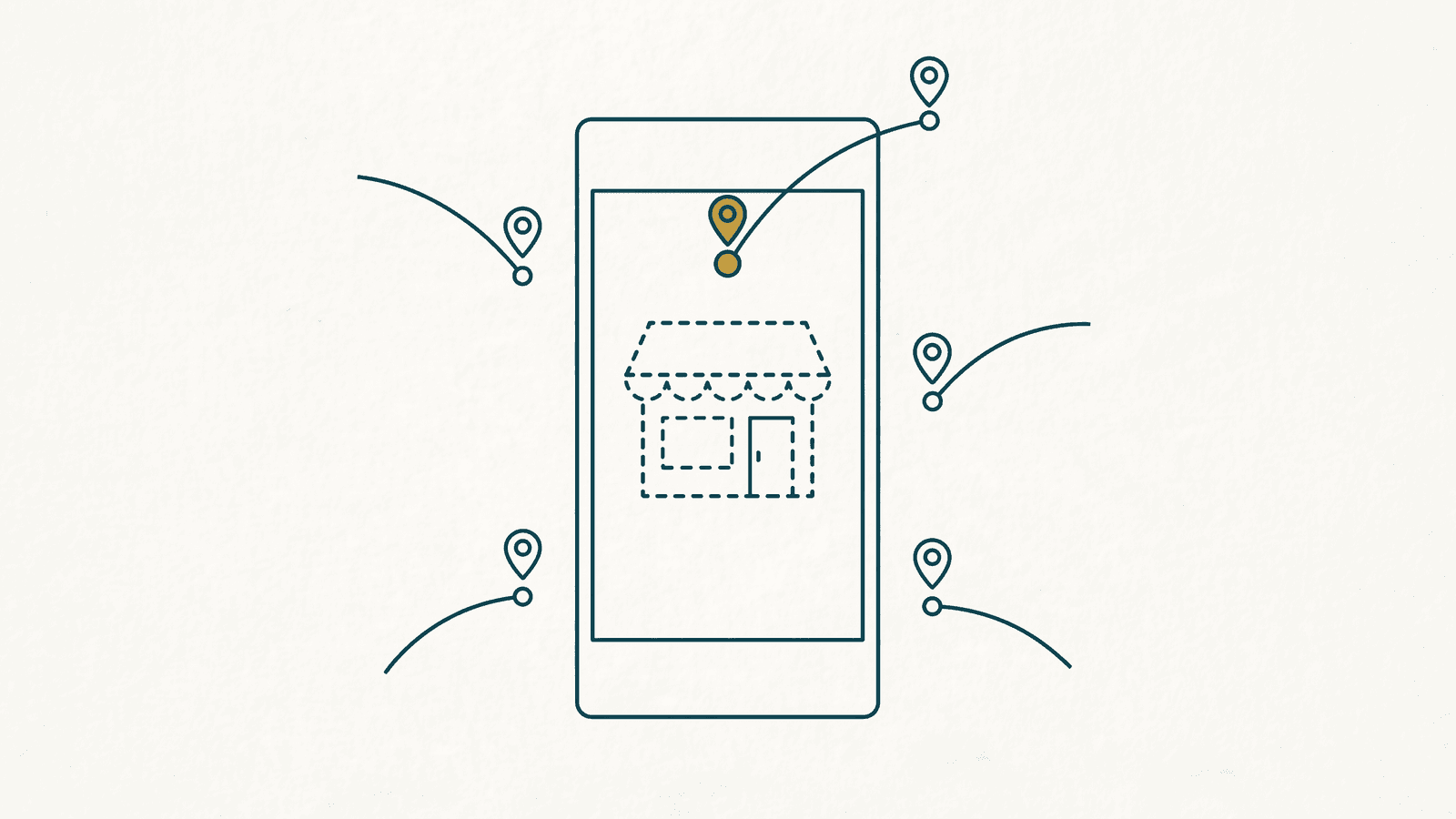 Monoline teal drawing of a phone outline with a dashed broken shopfront on its screen and five map-pins around it whose flight arcs curve away, one pin gold