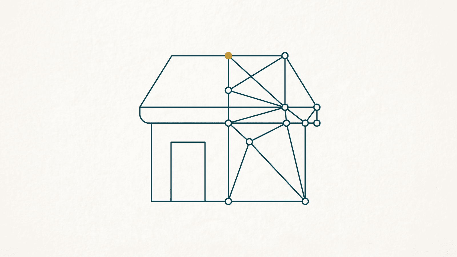 Monoline teal drawing of a shopfront whose left half is a plain outline and right half is a node-and-connector wireframe skeleton, a gold node at the roof seam