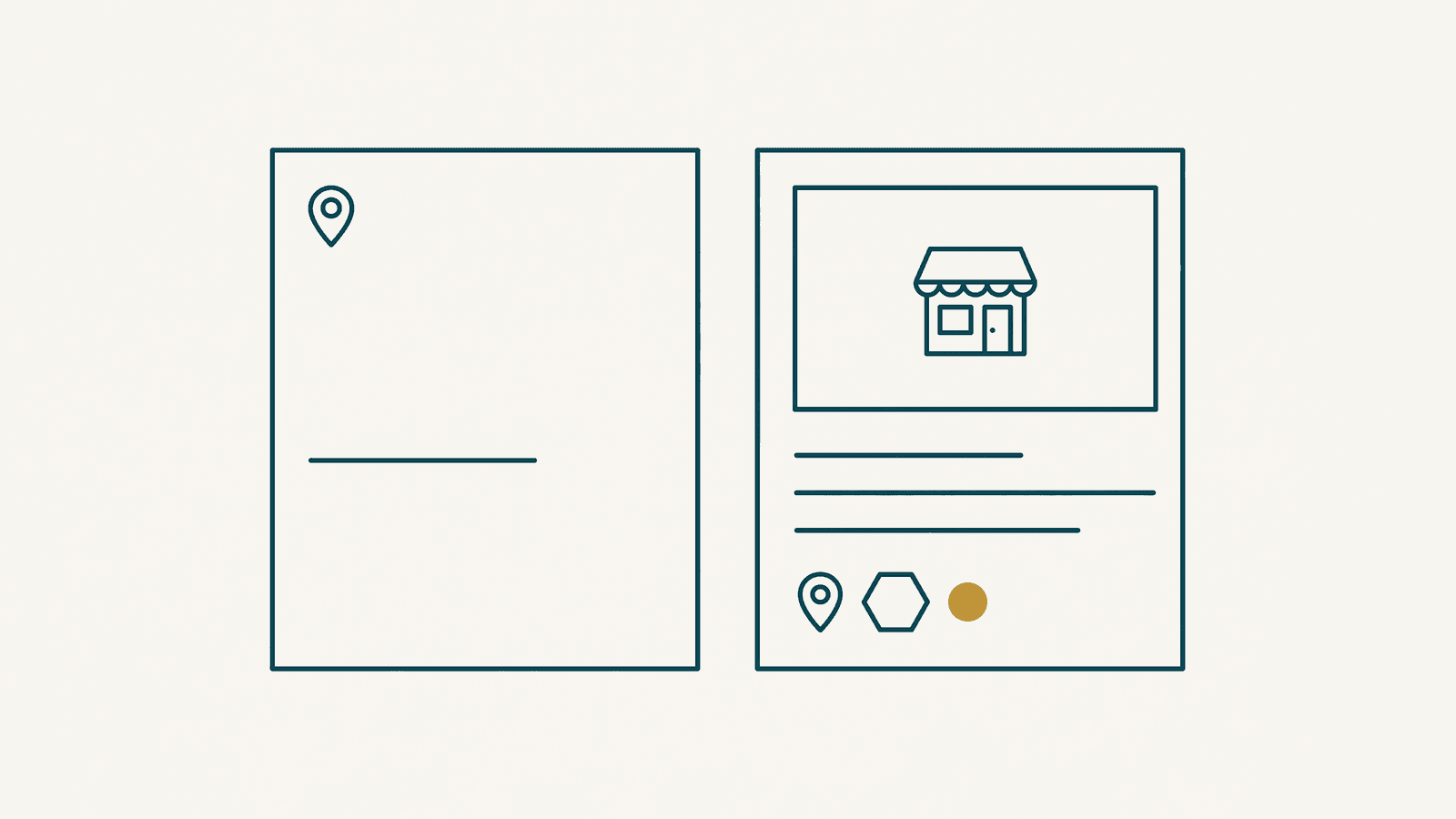 Monoline teal drawing of two listing cards side by side, the left almost empty, the right filled with a shopfront photo frame, rules, a pin and a gold node