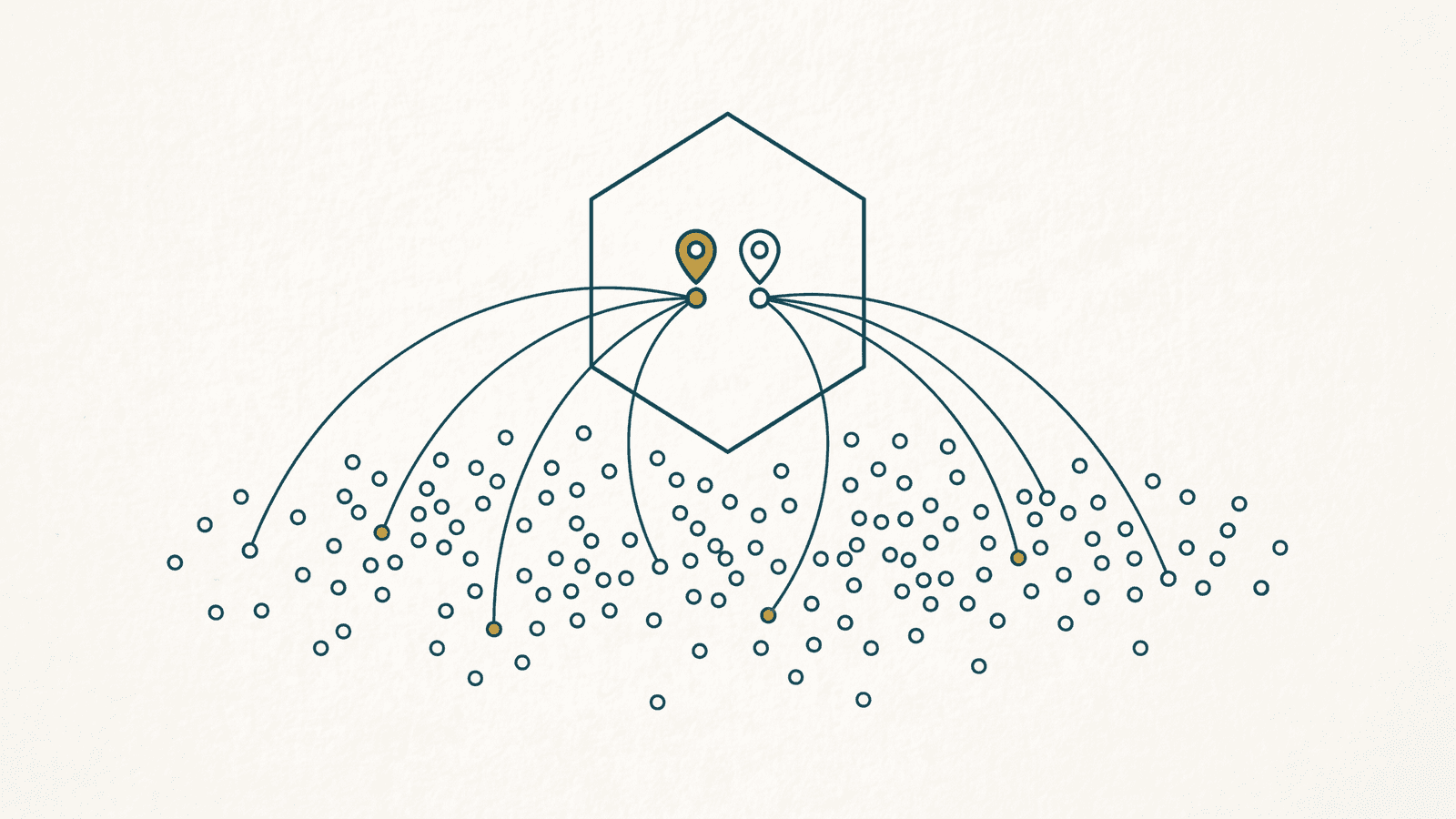 Monoline teal drawing of a large hexagon holding two map-pins, fed by thin flight arcs rising from a field of scattered nodes below, one pin lit gold