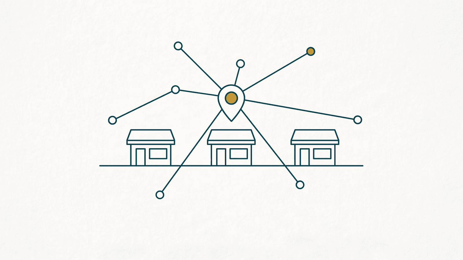 Monoline teal drawing of three shopfront outlines along a street line, a map-pin above the middle one sending thin connector lines out to scattered nodes, the pin lit gold