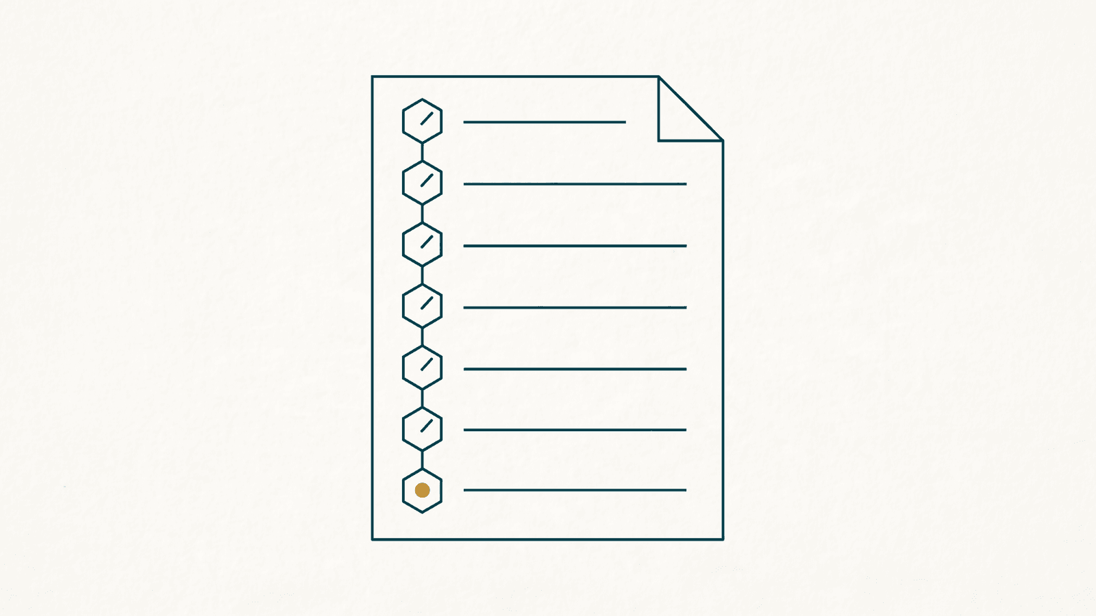 Monoline teal drawing of a document outline with seven honeycomb check cells down its margin, six ticked and the last holding a gold node