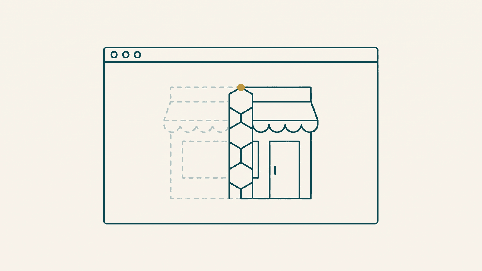 Monoline teal drawing of a browser window holding a shopfront that is dashed on the left and crisp on the right, a column of hexagon scaffolding at the seam topped with a gold node